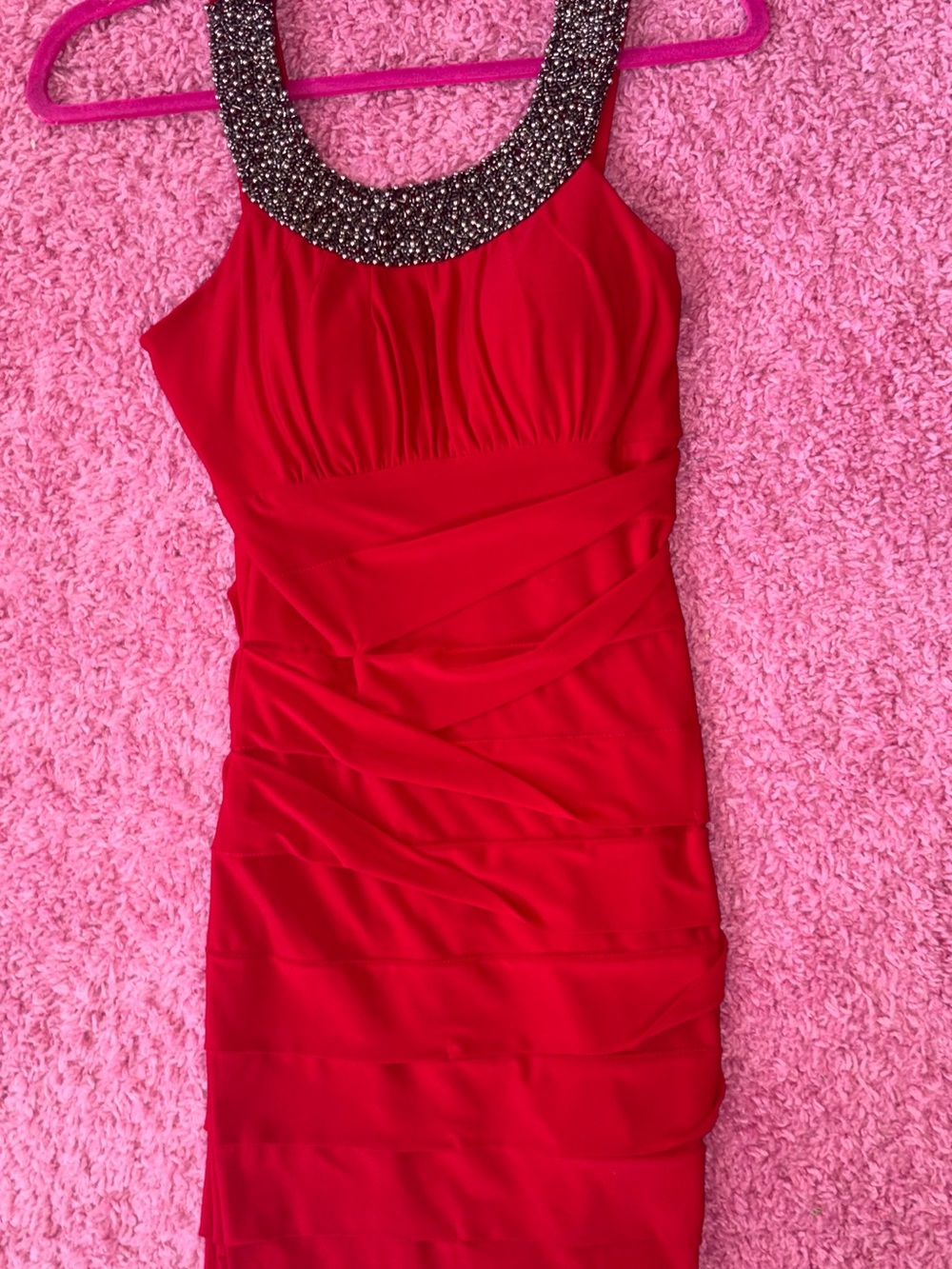 Jodi Kristopher Red Beaded-Neck Mini Dress
